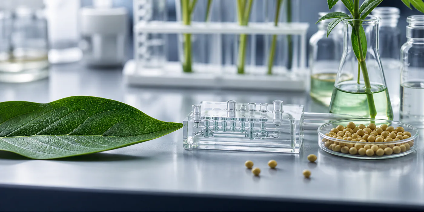 Crop leaf, seeds and a transparent microfluidic device in a plant biotechnology laboratory