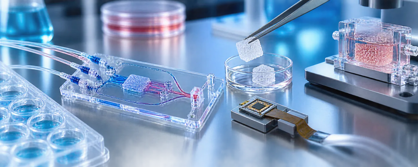 Organ-on-chip, hydrogel scaffold and biosensor components in a bioengineering laboratory