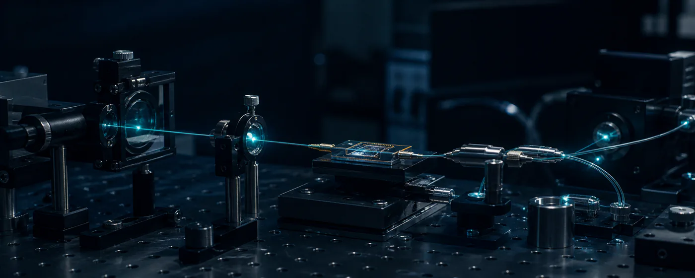 Precision optical bench with photonic chip, fibre coupling and aligned lenses