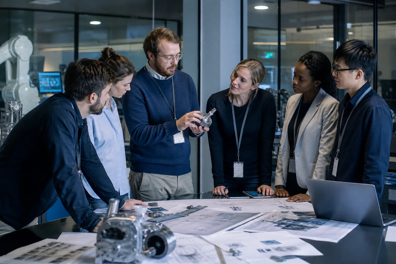 Multidisciplinary research team examining an engineering prototype